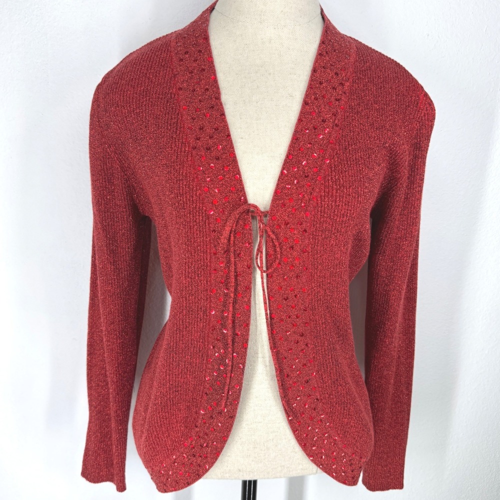Vintage Metallic Sequin Tie Front Cardigan Sweater Womens Large Glam Prom‎ Fairy